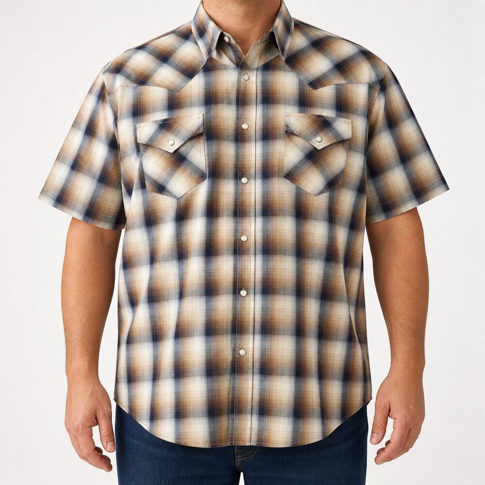 Wrangler Shirt Mens 3XL Brown Blue Plaid Western Pearl Snap Short Sleeve Cowboy